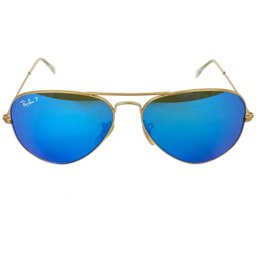 RAY BAN Polarized Sunglasses NEW RB3025 Aviator Large Metal Flash Lens Blue Gold